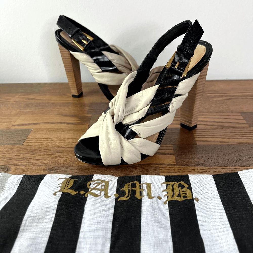 Women’s L.A.M.B. Cream & Black Ivy League Sandal Heels Size 6‎